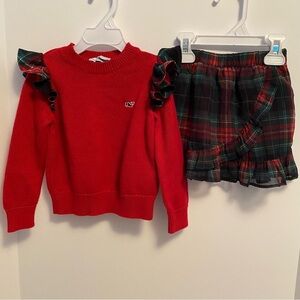 Vineyard Vines Red Ruffle Trimmed Sweater & Plaid Ruffle Skirt Set Size 2T